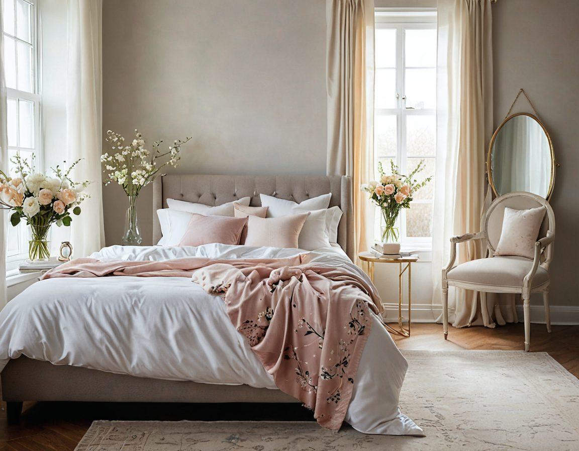 A stylish bedroom scene featuring a beautifully arranged display of elegant loungewear and intimates on a soft pastel bedspread, complemented by delicate flowers in a vase. A cozy armchair is positioned nearby, draped with luxurious fabrics, while natural sunlight streams through a window, casting gentle shadows. Include a stylish mirror reflecting the ensemble to enhance the fashion aspect. super-realistic. soft colors. bright natural light.